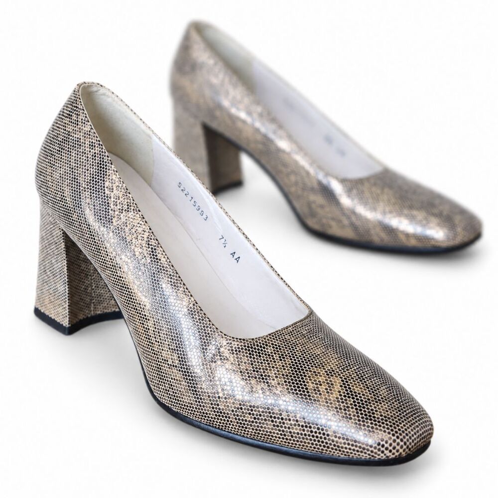 Stuart Weitzman Pumps 7.5 AA Narrow Metallic Animal Print Block Heel Square Toe